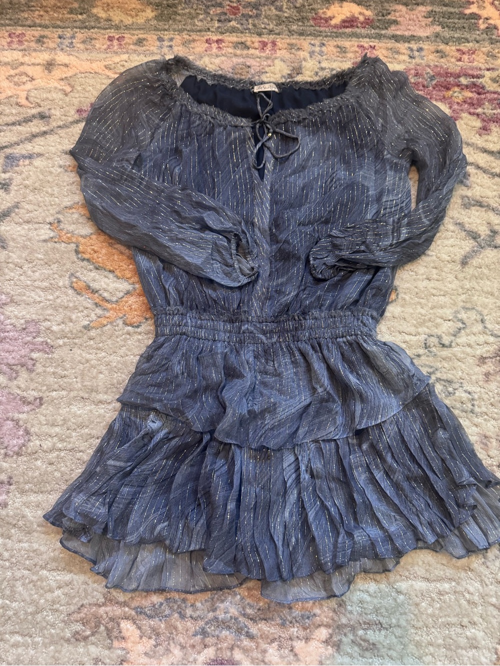 Blue Metallic Stripe Tiered Ruffle Dress